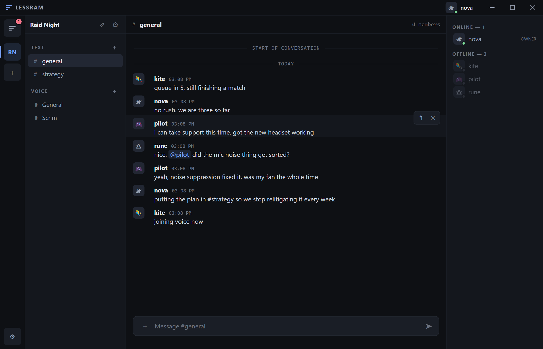 A LESSRAM server channel: channel list on the left, conversation in the middle, members on the right.
