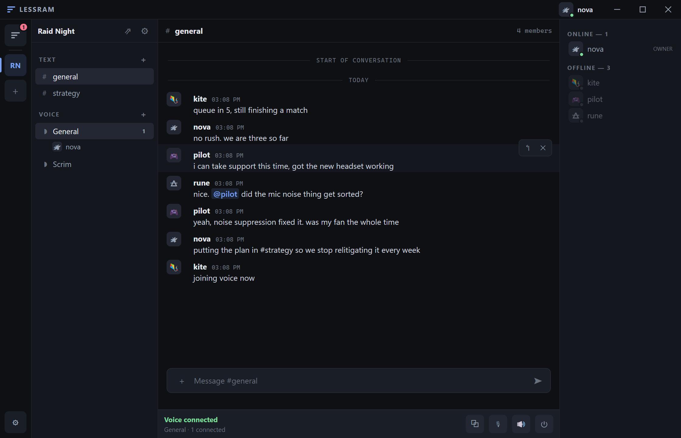 LESSRAM connected to a voice channel, showing connected members and voice controls.